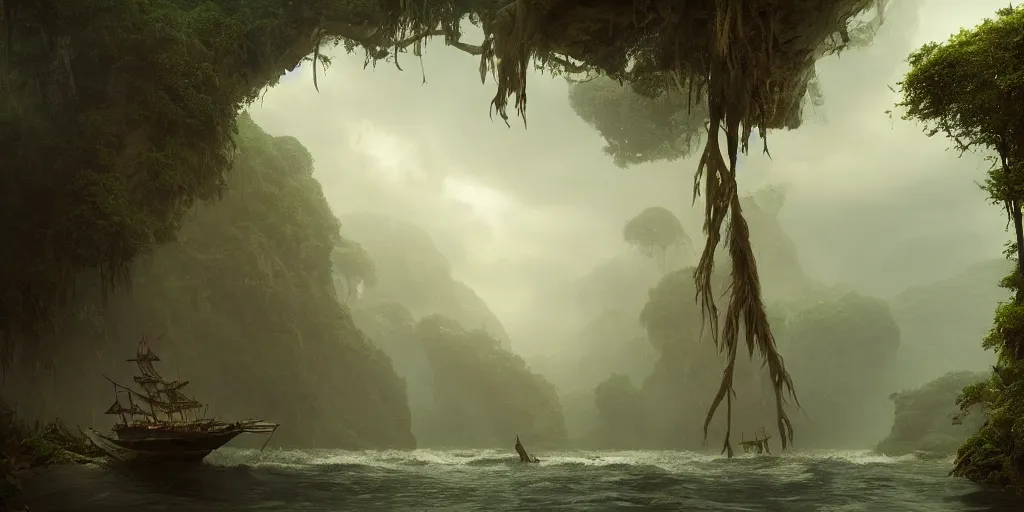 Prompt: epic matte painting of a misty jungle island on choppy seas, cinematic cinematography masterpiece, skull, greg rutkowski, and ivan aivazovski, roger deakins