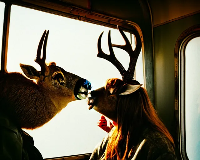 Image similar to a lomography photo of rumble between two human with deer head in soviet train this morning, bokeh,