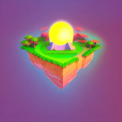 Prompt: isometric half sphere island on neon background, isometric invironment, 3d art, isometric art, high detail, artstation, concept art, behance, ray tracing, smooth, sharp focus, ethereal lighting