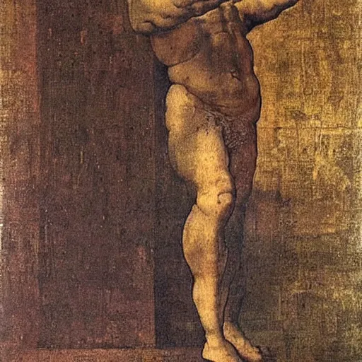 Image similar to a man with a lean body type, painting by Leonardo da Vinci