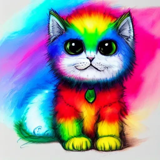 Image similar to wide angle full body, of a fluffy cute rainbow kitten wearing a black leather motorcycle jacket, concept art