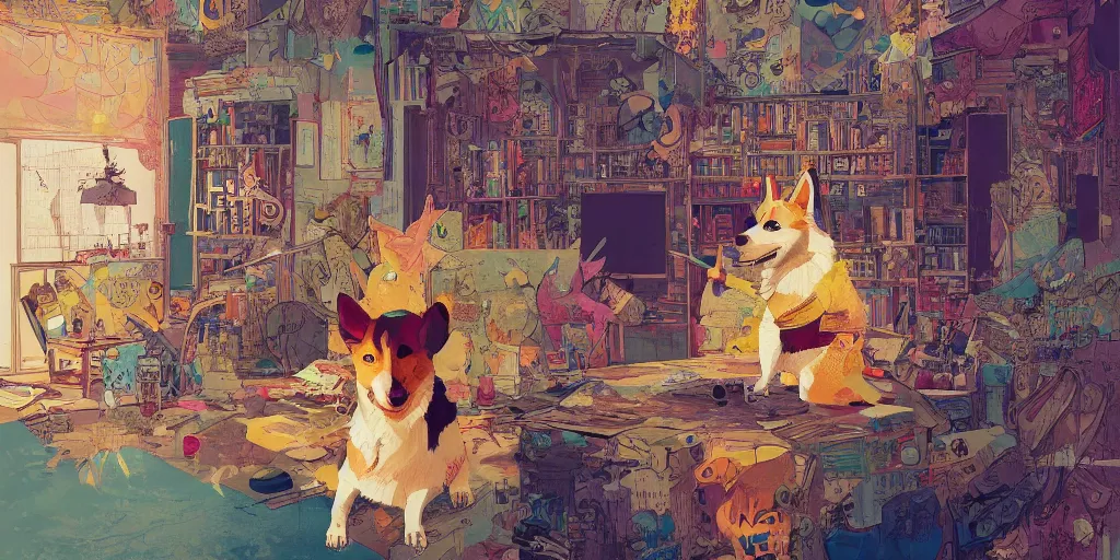 Prompt: beautiful painting of a fantasy corgi king chilling in his palace, by Jamie Hewlett, Victo Ngai, Ismail Inceoglu. trending on Artstation, 8k, masterpiece, graffiti paint, fine detail, full of color, intricate detail, golden ratio illustration