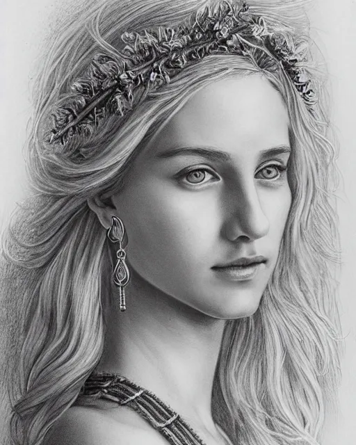 Prompt: pencil drawing of a beautiful greek goddess aphrodite wearing a laurel wreath and arrowhead earrings, beautiful confident and piercing eyes, beautiful blonde hair, hyper realistic face, in the style of greg rutkowski, fantasy, amazing detail, epic, elegant, smooth, sharp focus, from the front