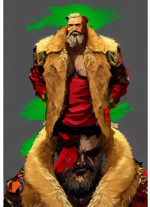 Image similar to Full body portrait of an old muscular man with blonde hair and beard wearing bear skin and red, green and gold jacket. In style of Yoji Shinkawa and Hyung-tae Kim, trending on ArtStation, dark fantasy, great composition, concept art, highly detailed.