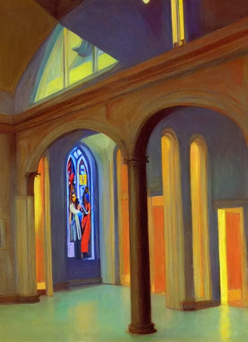 Image similar to a church interior with neon lights painted by Edward Hopper