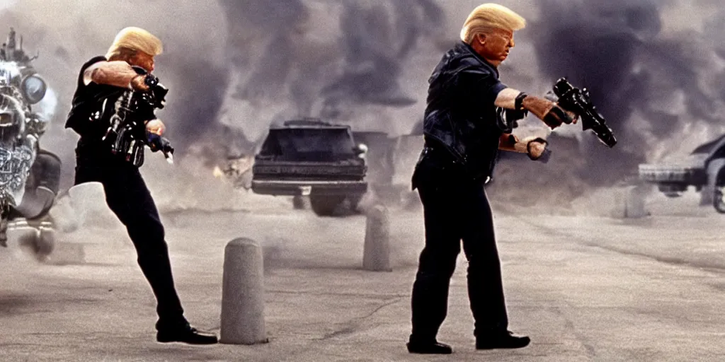 Image similar to joe biden in the terminator shooting terminator donald trump, cinematic, two characters, highly detailed, photorealistic, cinematic lighting, James Cameron, hr GIGER