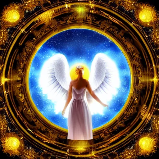 Image similar to Angel in the universe, surrounded by a light circle, glowing, high saturation, cinematic light effect, realistic, adding detail, rococo style, high definition