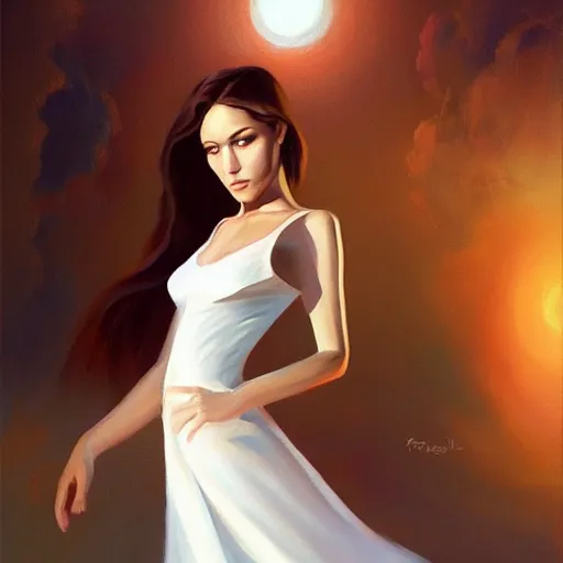 Image similar to a painting of a woman in a white dress, an airbrush painting by rhads, deviantart, fantasy art, sunrays shine upon it, deviantart, mystical