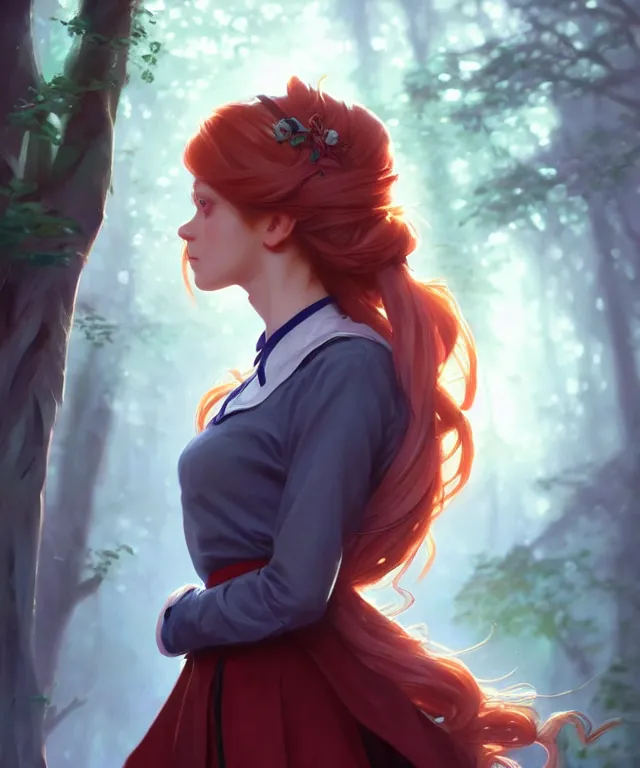 Image similar to side portrait cute female, magic school uniform, fantasy forest landscape, dnd fantasy magic, long red hair, cinematic rim light, intricate, elegant, highly detailed, digital painting, artstation, concept art, smooth, sharp focus, illustration, art by artgerm and greg rutkowski and alphonse mucha