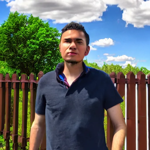 Image similar to Young man standing looking to the right in a red bandana, blue striped shirt, gray vest and a gun with a partly cloudy sky in the background. The young man is standing in front of an iron fence. Photograph. Real life