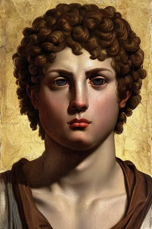 Image similar to renaissance painting of beautiful man, short hair, crying face, tears dripping from the eyes, emotions closeup, dressed in roman armour, ultra detailed, made in bronze, art by Guido Reni style, Vincenzo Catena style