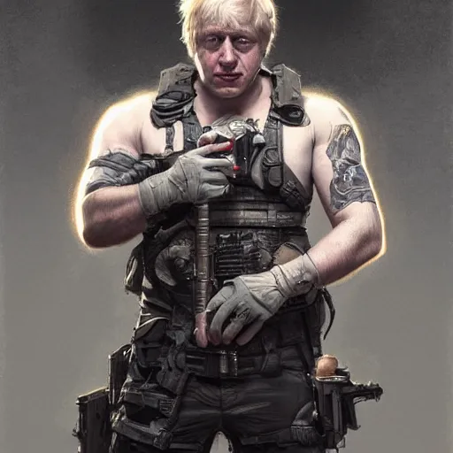 Image similar to Boris Johnson as Punisher, portrait, highly detailed, digital painting, artstation, concept art, sharp focus, illustration, cinematic lighting, art by artgerm and greg rutkowski and alphonse mucha