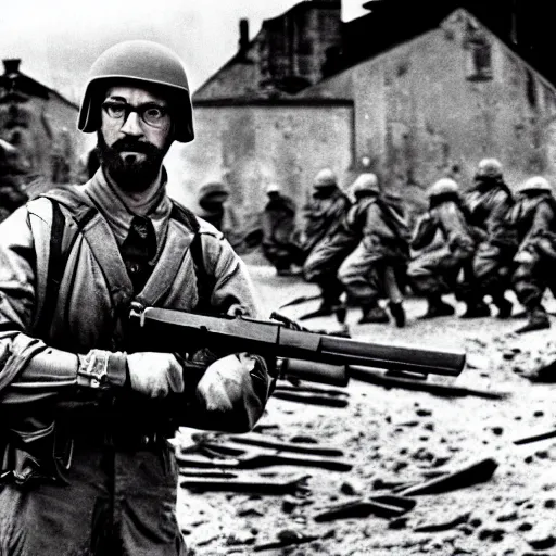 Image similar to Gordon Freeman as an American soldier on D Day, epic, WWII, 1940s photo, cinematic, highly detailed, gritty, combat, sharp focus, closeup, intense