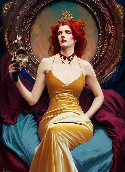 Prompt: leyendecker, ombre velvet gown, lovely queen, portrait, long red hair, small crown, dozens of jeweled necklaces, feral languid woman, by greg rutkowski, anato finnstark, alphonse mucha, global illumination, radiant light