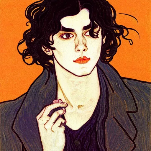 Image similar to painting of young cute handsome beautiful dark medium wavy hair man in his 2 0 s named shadow taehyung at the halloween pumpkin jack o'lantern party, depressed, melancholy, autumn, japan, elegant, clear, painting, stylized, delicate, soft facial features, delicate facial features, soft art, art by alphonse mucha, vincent van gogh, egon schiele