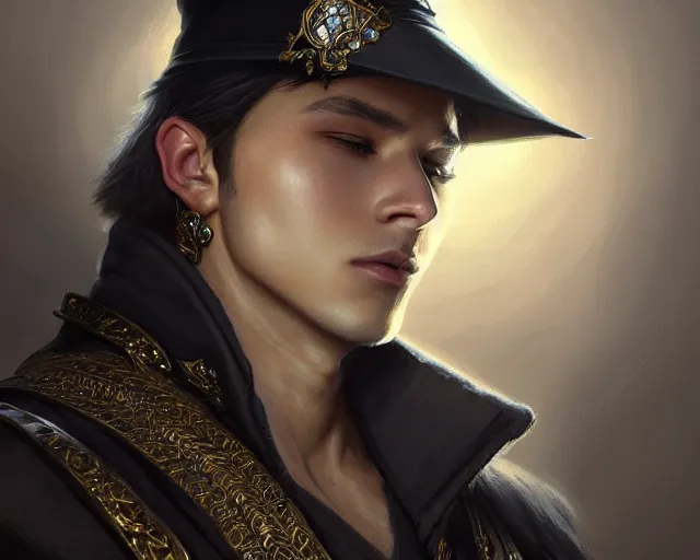 Image similar to a mind - blowing portrait of a young shadow mage male, wearing a vest with diamond pattern, wearing a wizard hat, joyful, d & d, fantasy, intricate, elegant, highly detailed, digital painting, artstation, concept art, matte, sharp, illustration, hearthstone, art by artgerm and greg rutkowski and alphonse mucha