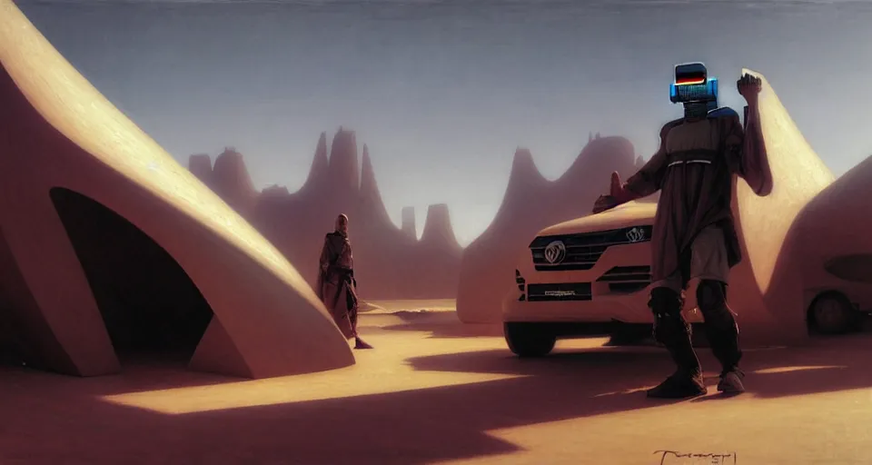 Image similar to protrait of a cyberpunk touareg, by ruan jia, weldon casey, ralph mcquarrie. smooth gradients, transparent inflatable structures in akakus desert.