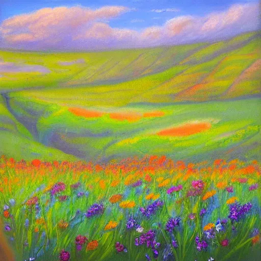 Image similar to This painting is a unique pastel and oil on canvas. It features a beautiful landscape with rolling hills and fields of wildflowers. The colors are soft and soothing, making it the perfect piece to relax and unwind with.