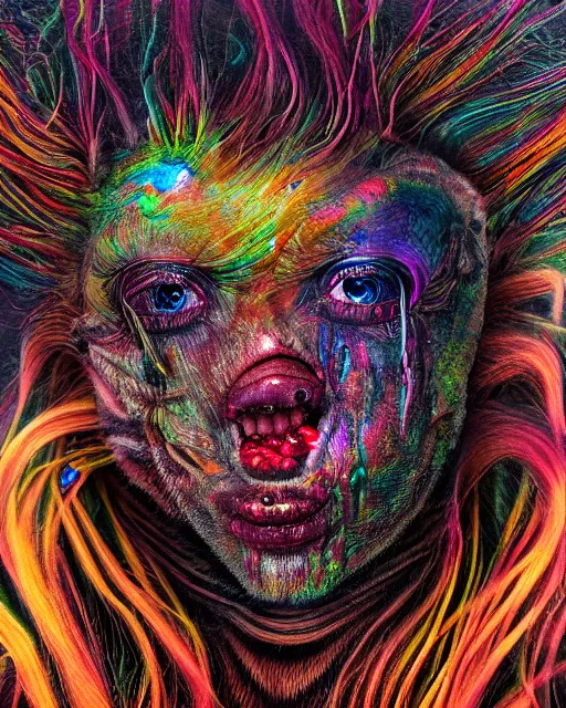 Image similar to realistic portrait of a creature experiment gone wrong, psychedelic, dark art, facing camera, photo realistic, detailed, 1 4 5 0, delicate, hyper realism, ultra realistic, 8 k