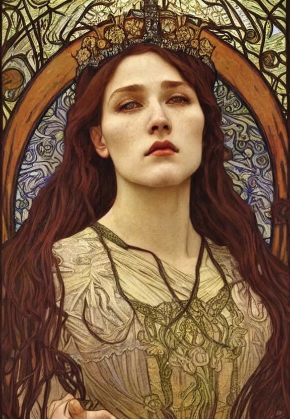 Image similar to detailed realistic beautiful young medieval queen face portrait by jean delville, alphonse mucha, vincent van gogh, and marco mazzoni, art nouveau, symbolist, visionary, gothic, pre - raphaelite