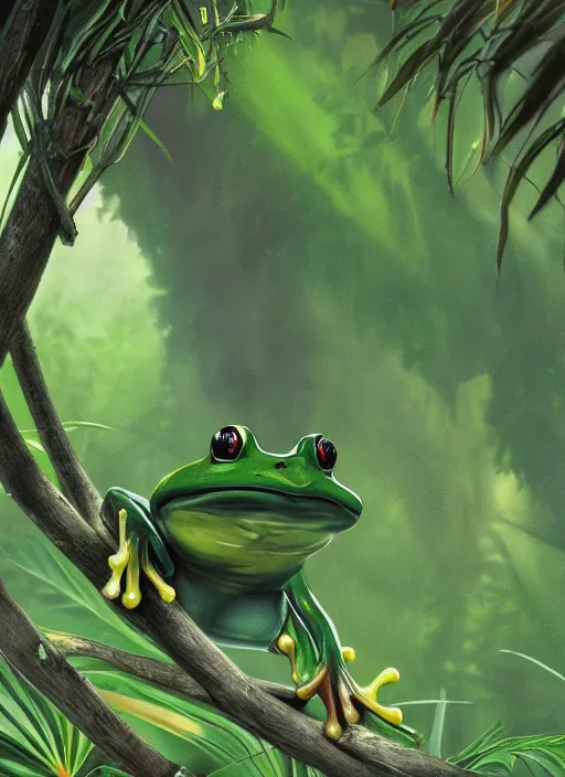 Image similar to a beautiful matte painting of a green frog in the jungle, kambo