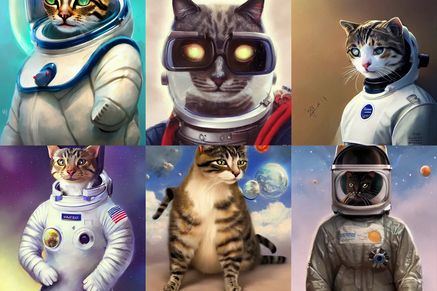 Image similar to head and shoulders masterpiece portrait of a cat wearing a spacesuit, surreal background, digital art by Krenz Cushart, trending on artstation, cgsociety,