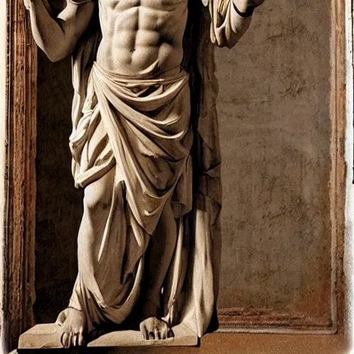 Image similar to greek statue of leonardo davinci holding a book, realistic, photorealistic