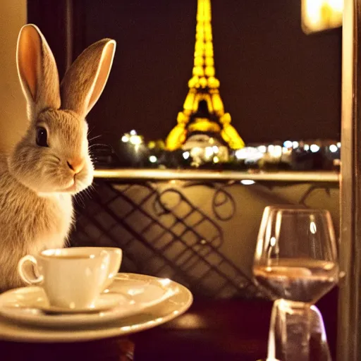 Image similar to a rabbit drinking wine in a cafe in Paris, the eiffel tower is visible in the background, it is night time, there are two humans sitting behind the rabbit