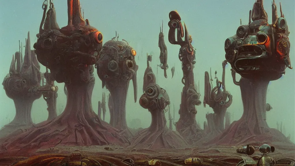 Prompt: mysterious whimsical sculpture of alien technology by paul lehr and john schoenherr and john harris, cinematic matte painting