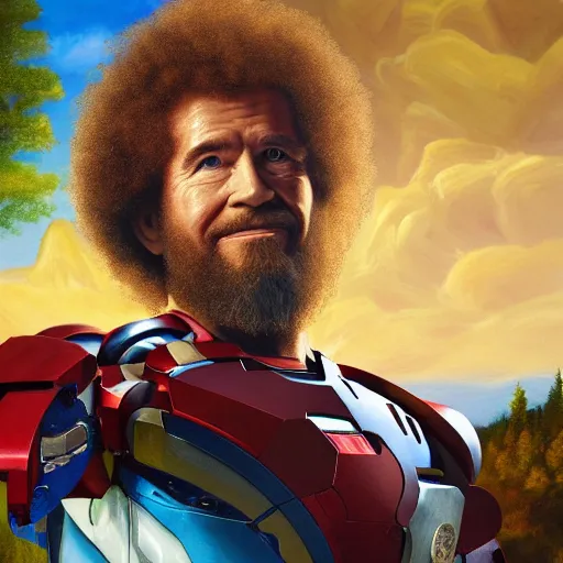 Image similar to a closeup photorealistic photograph of bob ross working on a canvas painting of iron man. mountains and trees. film still. brightly lit scene. this 4 k hd image is trending on artstation, featured on behance, well - rendered, extra crisp, features intricate detail, epic composition and the style of unreal engine.