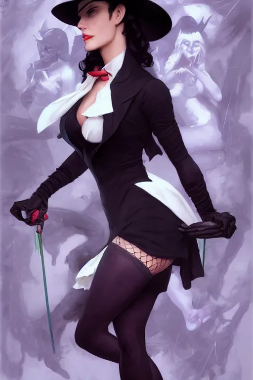 Image similar to full figure portrait of Zatana, pale, haunted, in tophat and tailcoat, legs wrapped in fishnet stockings, shushing the camera, dc comics, digital art from artstation by Ruan Jia and Mandy Jurgens and Artgerm and william-adolphe bouguereau