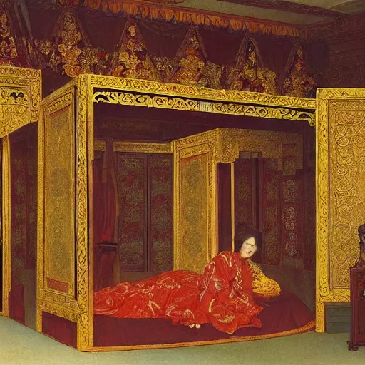 Image similar to the ornate bedchamber of a chinese princess, with screens and silks, by frederic leighton