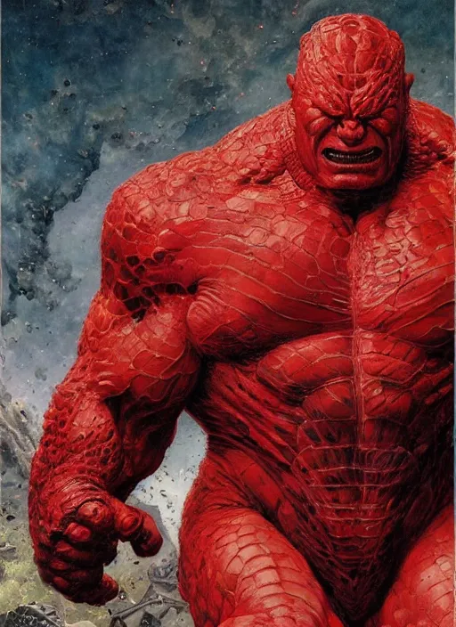 Prompt: brock lesnar as reptilian red hulk wearing scifi armour suit, dynamic action, by lawrence alma - tadema and zdzislaw beksinski and norman rockwell and jack kirby and tom lovell and greg staples, artstation creature art