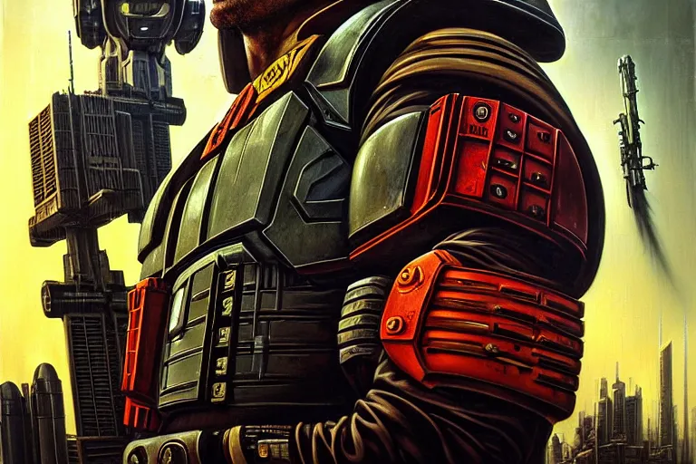 Image similar to portrait of david duchovny as judge dredd in megacity one. cyberpunk artwork, dystopian. dirty, grime. 4 k digital art, 8 0's style. tomasz alen kopera, peter mohrbacher, donato giancola, boris vallejo, drew struzan realistic detailed oil painting, urban horror, frank frazetta, brian bolland