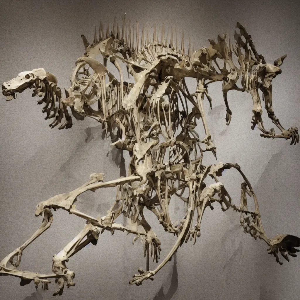 Prompt: a fossilized Pegasus skeleton, museum photo