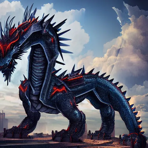 Prompt: giant metal dragon monster made of machinery standing atop skyscrapers in the middle of a ruined city, digital art, highly detailed