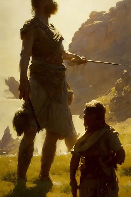 Prompt: portrait david and goliath by anders zorn, wonderful masterpiece by greg rutkowski, beautiful cinematic light, by greg manchess, jessica rossier