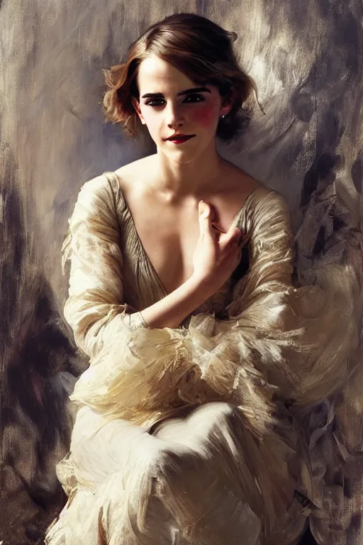 Prompt: emma watson smiling closed eyes detailed portrait painting by gaston bussiere craig mullins j. c. leyendecker photograph by richard avedon peter lindbergh