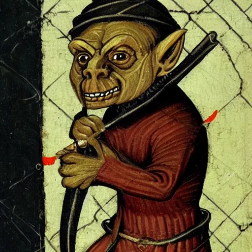 Prompt: medieval portrait of a goblin stabbed by a beautiful sword, simple
