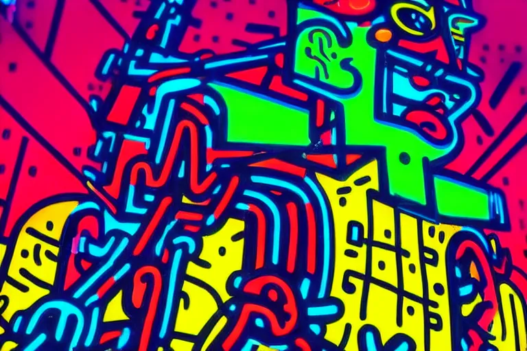 Image similar to pop art of a giant cyberpunk god walking in a city, bright neon colors, intricate details, complementary colors, detailed face, backlighting, octane render, depth of field, extremely detailed, trending in artstation, focus on face, sharp focus, radiant light, beautiful composition, drawn by roy lichtenstein, keith haring, romero britto