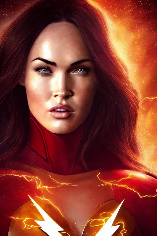 Image similar to majestic and regal portrait of megan fox female the flash, dc universe, perfect face, beautiful, intricate, epic, elegant, fantasy, highly detailed, digital painting, hard focus, beautiful volumetric lighting, epic light, ultra detailed, by leesha hannigan, ross tran, thierry doizon, kai carpenter, ignacio fernandez rios