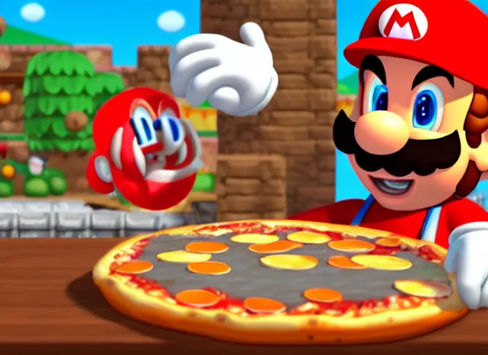 Image similar to video game screenshot of mario making pizza on his belly in super mario pizza maker video game, 4 k