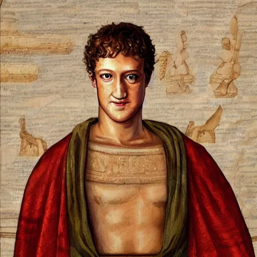 Image similar to mark zuckerberg as a roman noble. dressed in a toga. serious facial expression. on ancient roman fresco, detailed, well - preserved