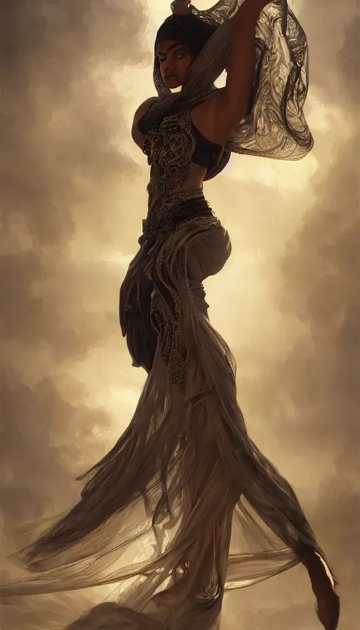 Image similar to dancer, arabian, black skin, veils, , sweaty, intricate fashion clothing, insane, intricate, highly detailed, digital painting, artstation, concept art, smooth, sharp focus, illustration, Unreal Engine 5, 8K, art by artgerm and greg rutkowski and alphonse mucha