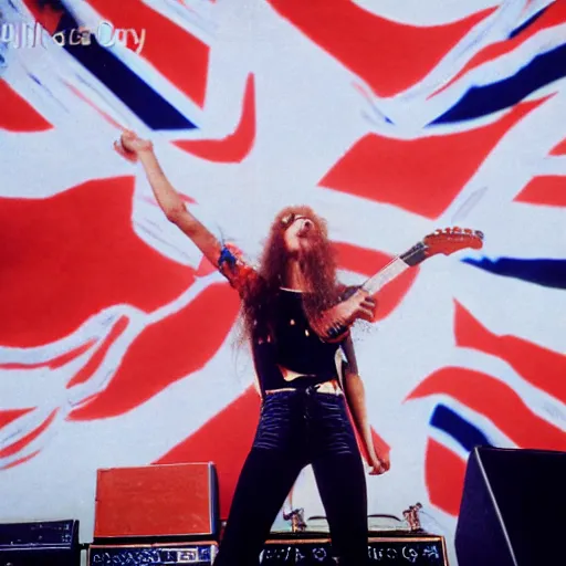 Image similar to 1 9 - year - old girl in a traditional doom metal band, new wave of british heavy metal, live in concert, live 1 9 8 6, united kingdom flags, union jack, playing electric guitar, headbanging crowd of longhairs, audience of longhairs, super 8 mm, grainy photo, colorized