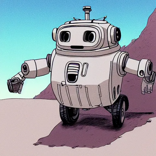 Image similar to a study of cell shaded cartoon of a grey robot st. bernard from howl's moving castle ( 2 0 0 4 ) on a desert road, full body, wide shot, very muted colors, post grunge, studio ghibli, laurie greasley, highly detailed, deviantart, art by artgem