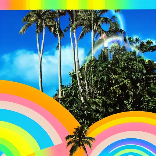 Image similar to miracle musical Hawaii part ii album cover, showing an ocean in the background, spiral transparent stairs on the left with tall palm trees behind it, a slight rainbow in the background, white outline border, moon in the right top area black and white except for the rainbow album cover