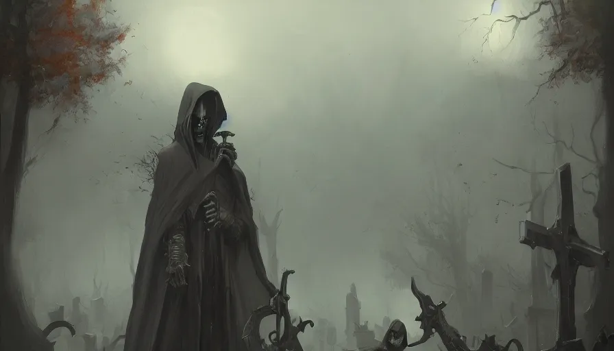 Prompt: A beautiful painting of the grim reaper in a graveyard by greg rutkowski and Kalin Popov , Trending on artstation HD.