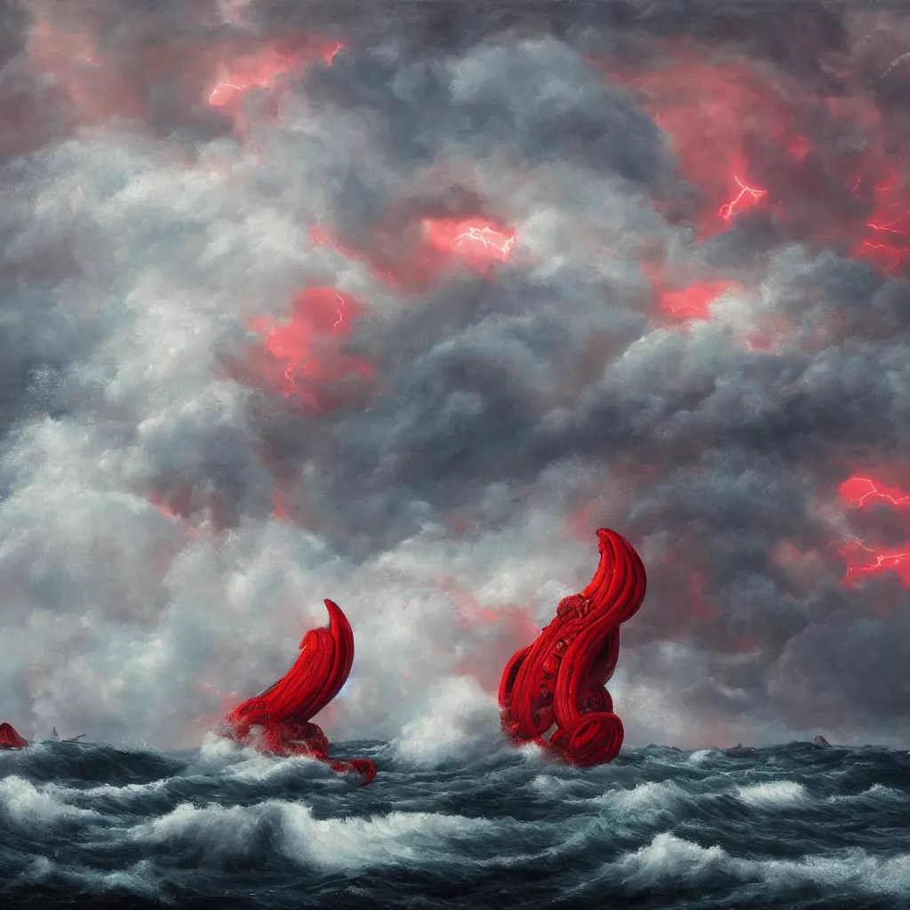 Image similar to a fantasy landscape. subject : giant red kraken, stormy sea, giant waves, lightning in the background, small boat, oil painting, 4 k