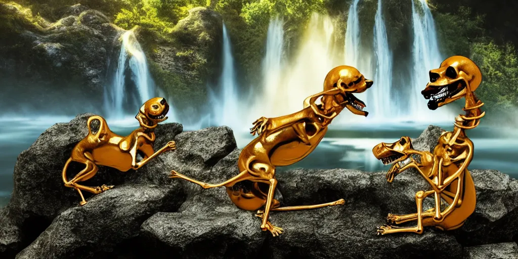 Image similar to 3d renderings of two dog Skeletons fighting in front of a waterfall, infographic for imaginary animals, golden hour, backlit by an alien planet, sharp focus, psychedelic LSD manga, hyper realistic, detailed, octane render